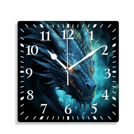 12 Inch Wall Clock Battery Operated Silent Clock Decorative for Office, Kitchen, Outdoor, Living Room，Abstract Blue Fire Flame Dragon Head on Black Background Creative