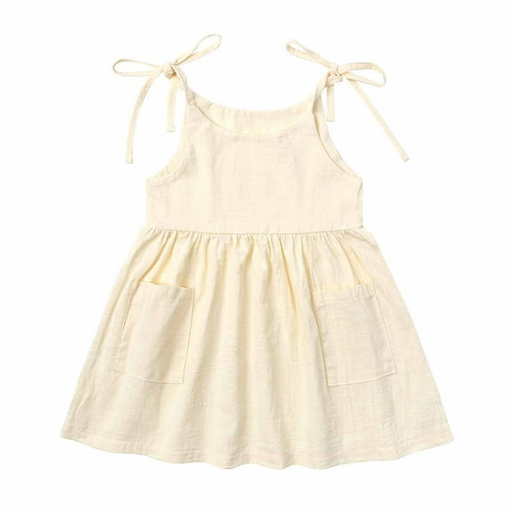 LLYwey Toddler Girls Linen Dresses, Baby Girls' Summer Dresses, Kids Tie Strap Sleeveless Pockets Ruffle A-Line Beach Casual Sundress, T-50, Beige, 3-4T