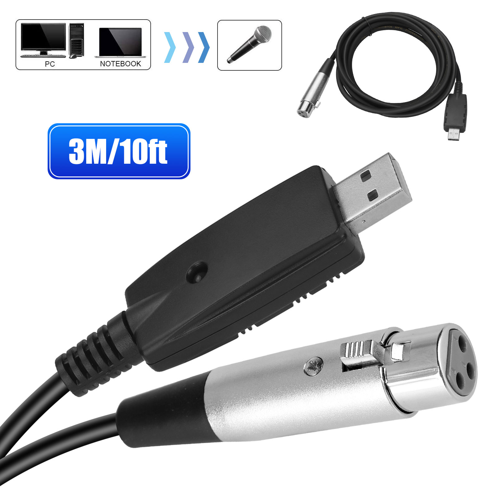 Microphone Cable for Karaoke, TSV 3m/10ft USB to XLR Microphone Cable