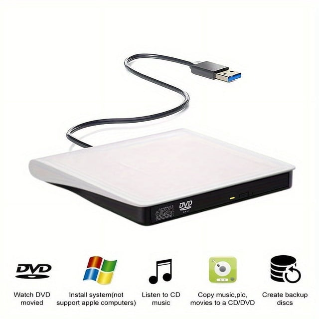 DEBGFS Portable External DVD Drive - CD & DVD Drives for Laptop Desktop PC Windows Linux Mac IOS - USB 3.0 Type-C Compatible CD/DVD Player with Fast Data Transfer and Plug-and-Play Functi,White