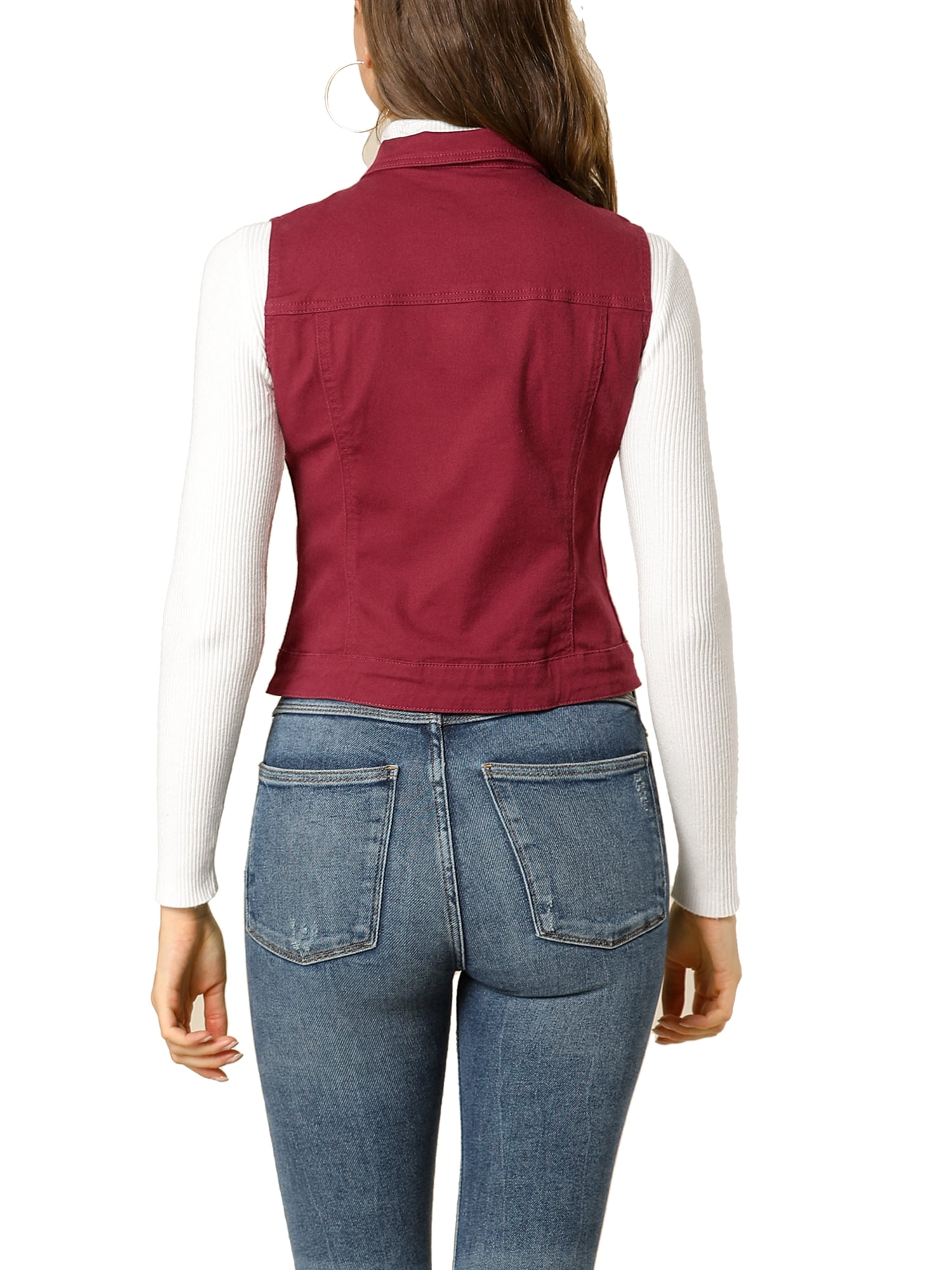 DARING DIVA Women's Denim Sleeveless Flap Pockets Vest Jacket L Burgundy