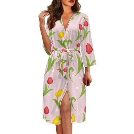 Yuyamidu Tulip Robe for Women After Shower Pink V Neck Bathrobe Nightgown Womens Lingerie Robes Cute Long Dressing Gown for Teen Girls Lounge Wear Pjs Size S