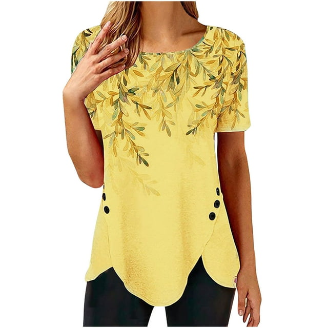 Pompotops T-shirt Mode Imprimé Ample pour Femmes Boutons Manches Courtes Blouse Col Rond Hauts Décontractés