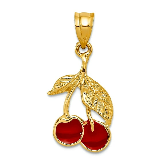 14k Yellow Gold Polished Red Enameled Cherries Pendant Necklace 27x13mm Pendant for Women