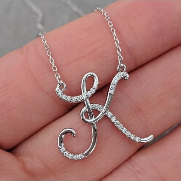 Women's Lab Created Diamond Initial Letter K Pendant Necklace 18" 14k White Gold Plated