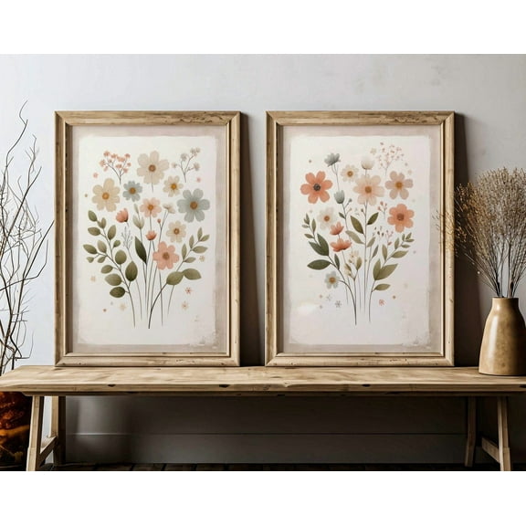 Luvia Wildflower Art Rustic Floral Decor, Vintage Floral Minimalist Flower Set Of 2, Wildflower Nursery Art, Modern Wall Decor Set 2 Prints 8x12 UNFRAMED