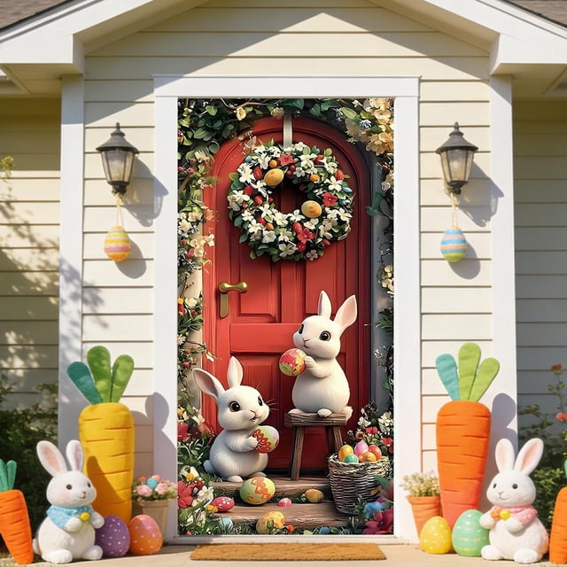 Weloille Housse de Porte Motif de Pâques 2,92 X 5,92 Pi, Rideau de Porte en Polyester à Imprimé Vif, Lavable et Réutilisable, Déco des Fêtes pour la Maison, l'Entrée, Fête, Célébration de Pâques et Décoration Murale