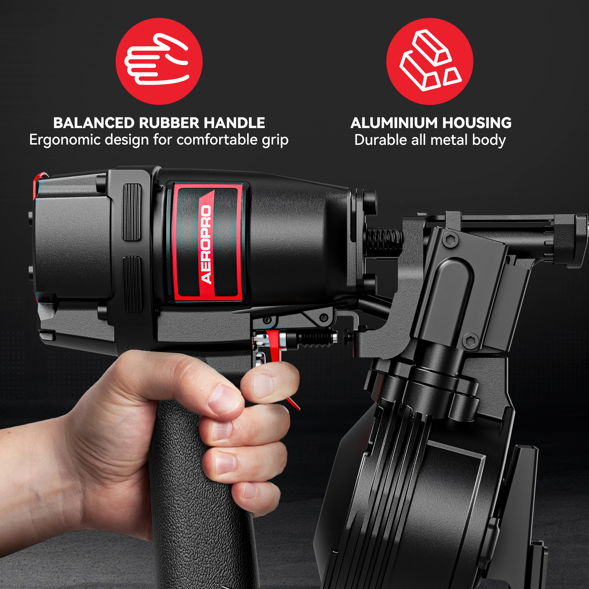AeroPro CN45N Professional Roofing Nail Gun, Air-Powered, Compatible with 15° Wire Coil Nails from 3/4" to 1-3/4", for Asphalt Roofing Projects