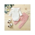 thumbnail image 3 of TSEXIEFOOFU 2 Pcs Newborn Ribbed Outfits, Baby Girls Contrast Color Round Neck Fly Sleeve Bodysuit + Pant with Bow, 3 of 9