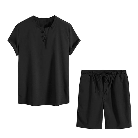 Cavosen Mens Suits for Summer 2PC Big and Tall Drawstring Short Sleeve V Neck Shirt Shorts Solid Beach Sets with Pockets