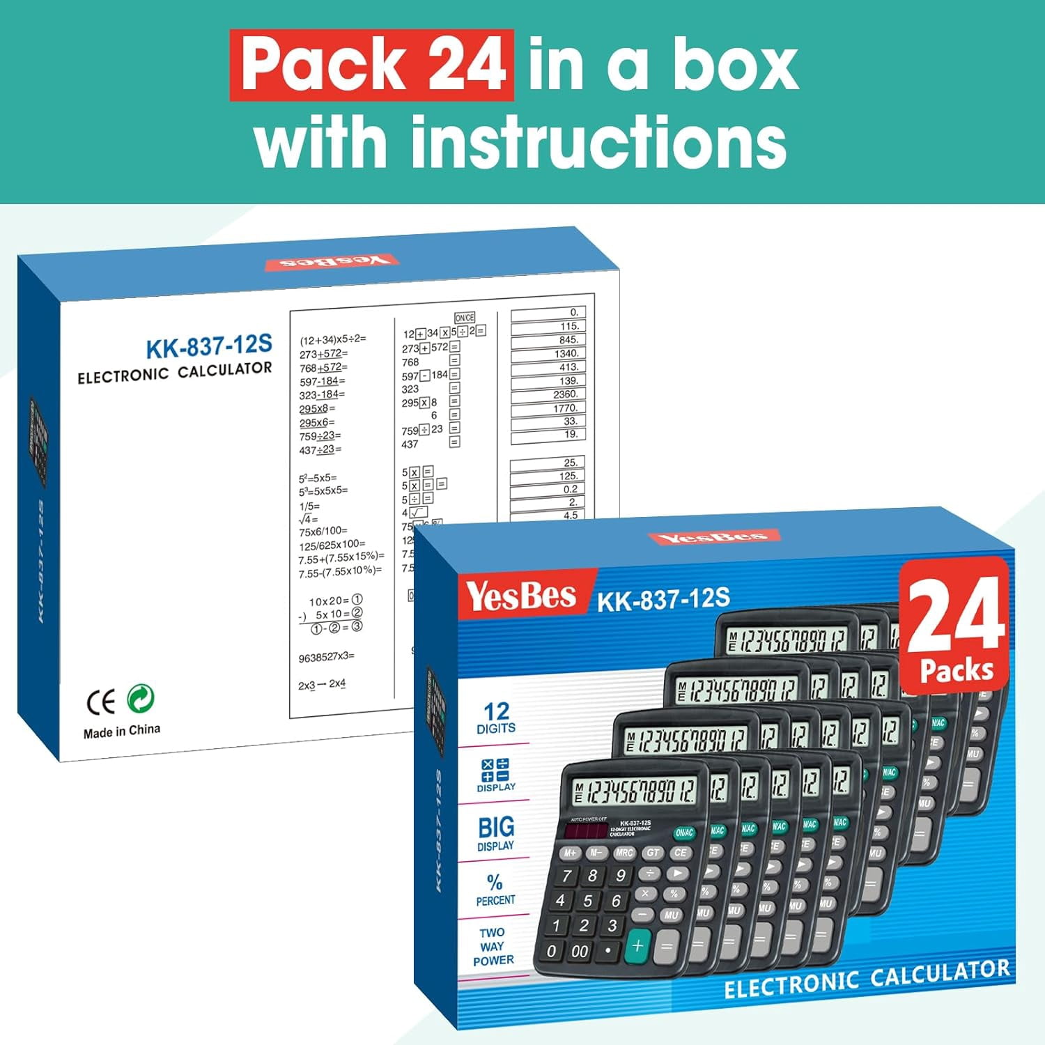 24 Pack Calculator Bulk, 12 Digits Calculators Desktop with Large LCD Display and Sensitive Butto, Solar and Battery Dual Power, Desk Calculator for School, Office, Home