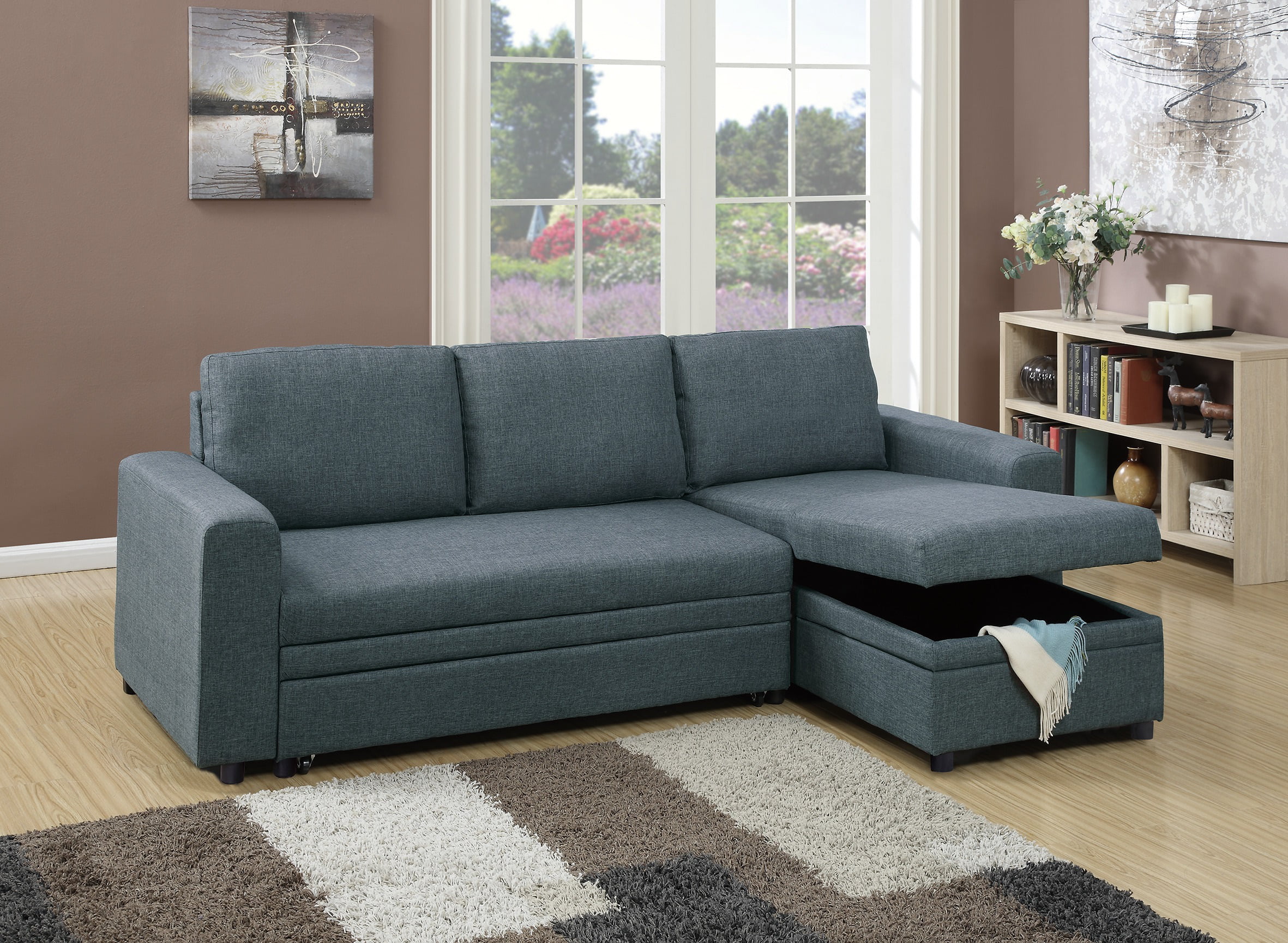blue grey polyfiber convertible sectional sofa bed
