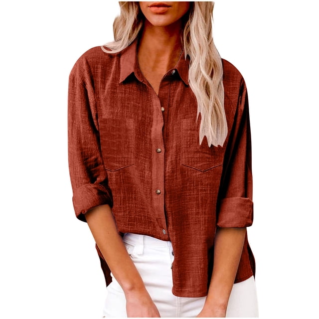 Enjoytime Womens Button Down Shirts Solid Color Loose Blouse Long Sleeve Casual Work Tops with Pocket Plus Size Tops for Women