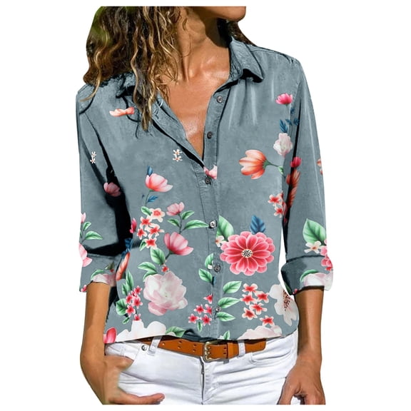 Honeeladyy Sales Online Button Down Shirts Deep V Neck Long Roll up Sleeve Blouses Collar Casual Flower Print Top Blouse for Women Summer Fit