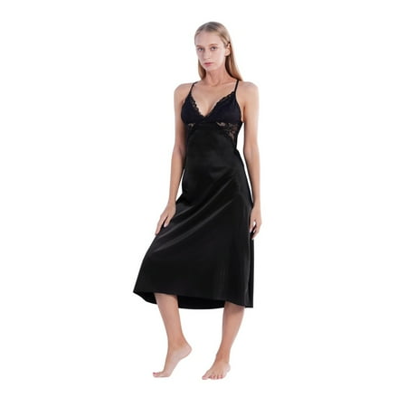 Monfince Women s Sexy Lingerie Nightgown Lace Satin Chemise Silk Slip Sleepwear Bridal Babydoll Negligee Knee Length Nighties  Black  US 6