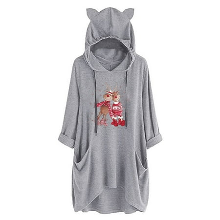 

jsaierl Womens Cat Hoodie with Ears Fluff You Fluffy Cute Graphic Pullover Christmas Tunic Shirts with Pockets for Teen Girls