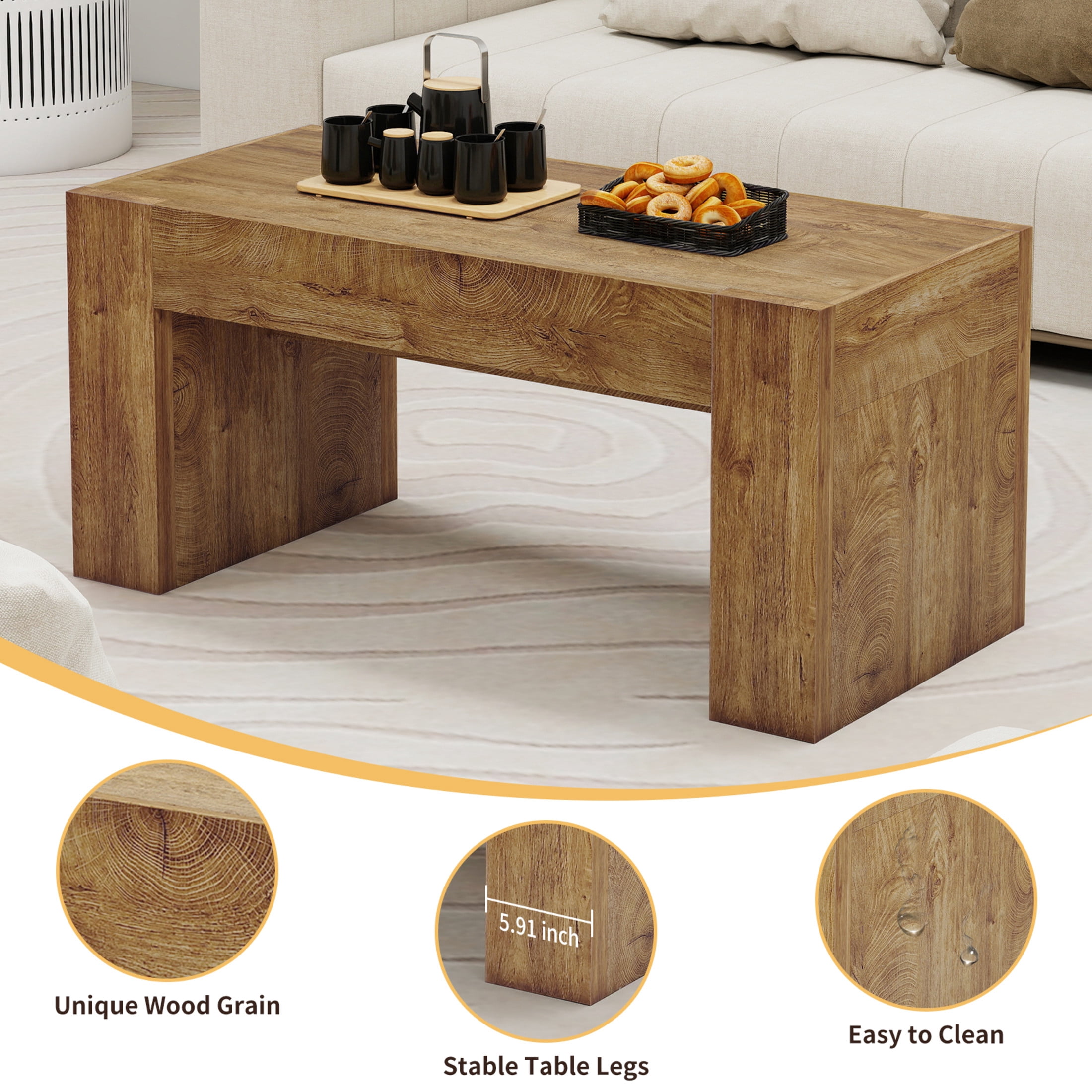 Noble House 48" Farmhouse Living Room Coffee Table, Rectangle Wooden Center Table with Hidden Storage, Natural
