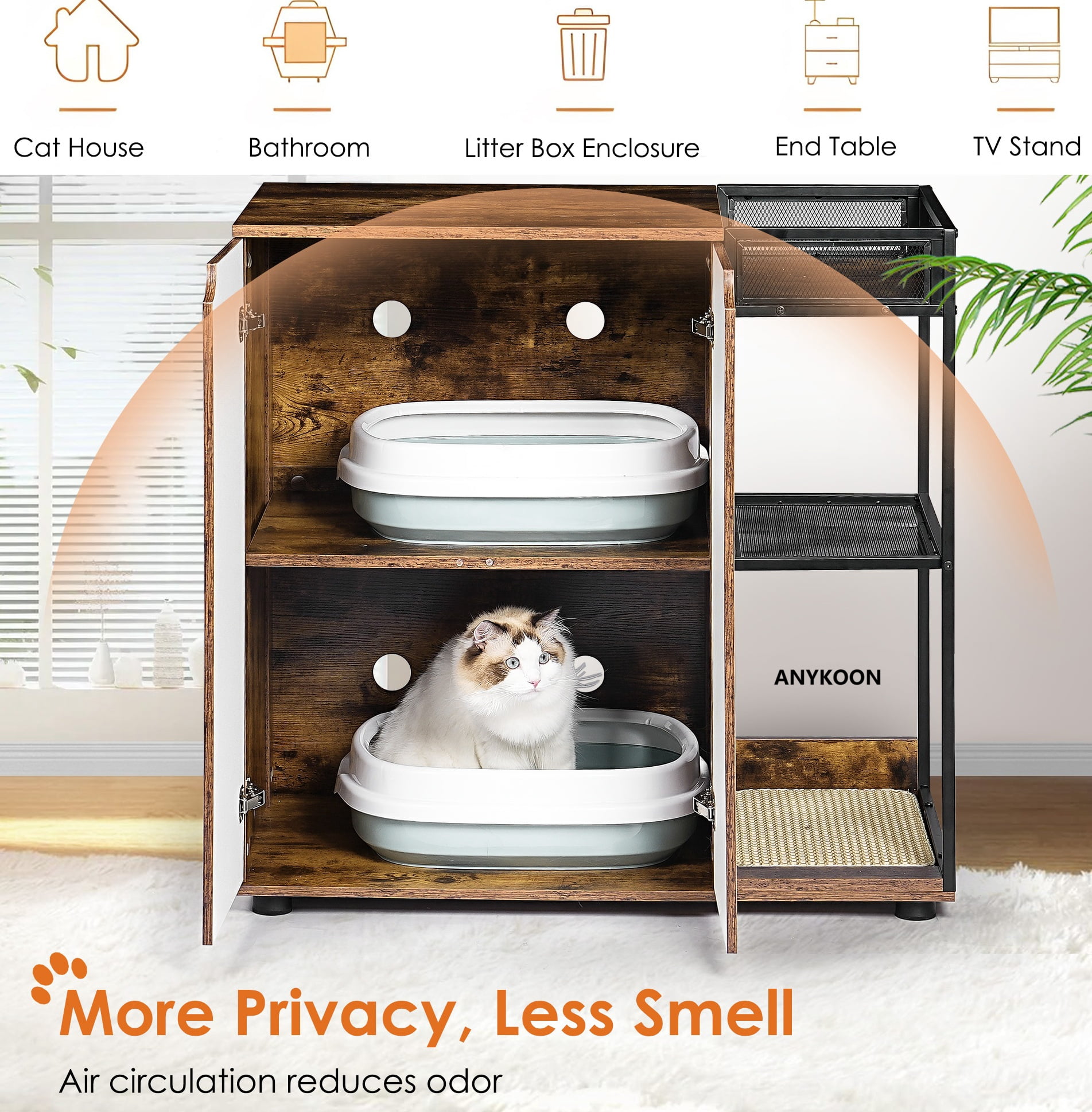 Anykoon Enclosed Cat Litter Boxes for 2 Cats,Cat Furniture Cabinet,Cat Litter Box Furniture,Rustic Brown