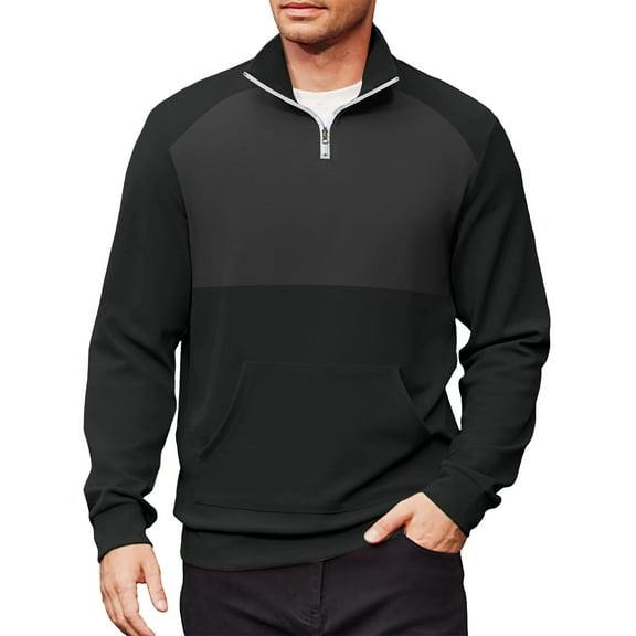 Domuza Men's Quarter Zip Up Pullover Casual Mock Neck Long Sleeve Sweatshirt Fall Lightweight Relaxed Fit Color Block Polo Sweater with Pocket Black L