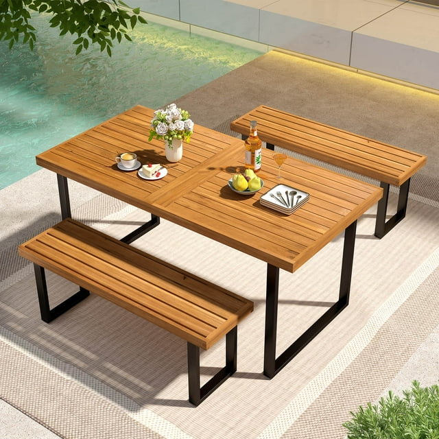 Costway 3PCS Patio Dining Table Set, 63” Rectangle Table 2 Backless Bench Umbrella Hole