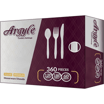 White Plastic Cutlery 360 pcs: 180 Forks, 120 Spoons, 60 Knives. Argyle Design, Heavy Duty & Solid Disposable Silverware Utensils Combo Pack Set for Weddings, Buffets, Luncheons