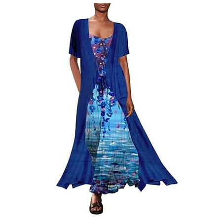 

TIHLMK Tops Deals Clearance Women s Fashion Casual Chiffon Short Sleeve Loose Shawl Two-Piece Camies Dress With Straps