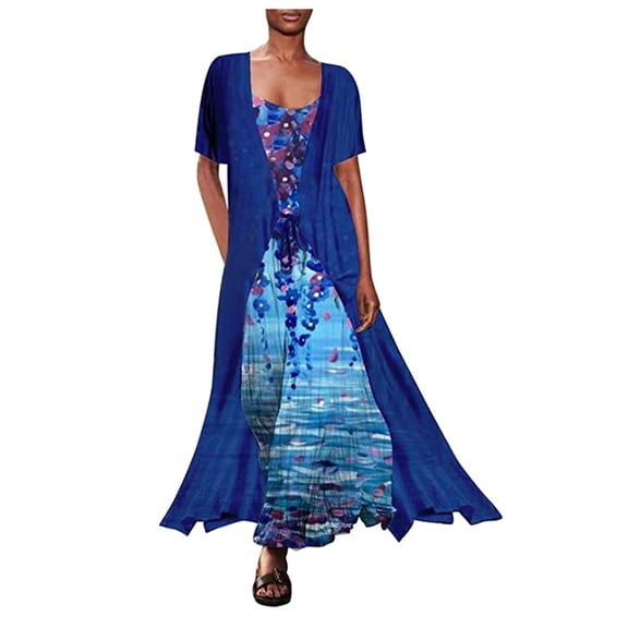 OAVQHLG3B Women's Fashion Casual Chiffon Short Sleeve Loose Shawl Cardigan Two-Piece Camies Ankle Length Spring Dress