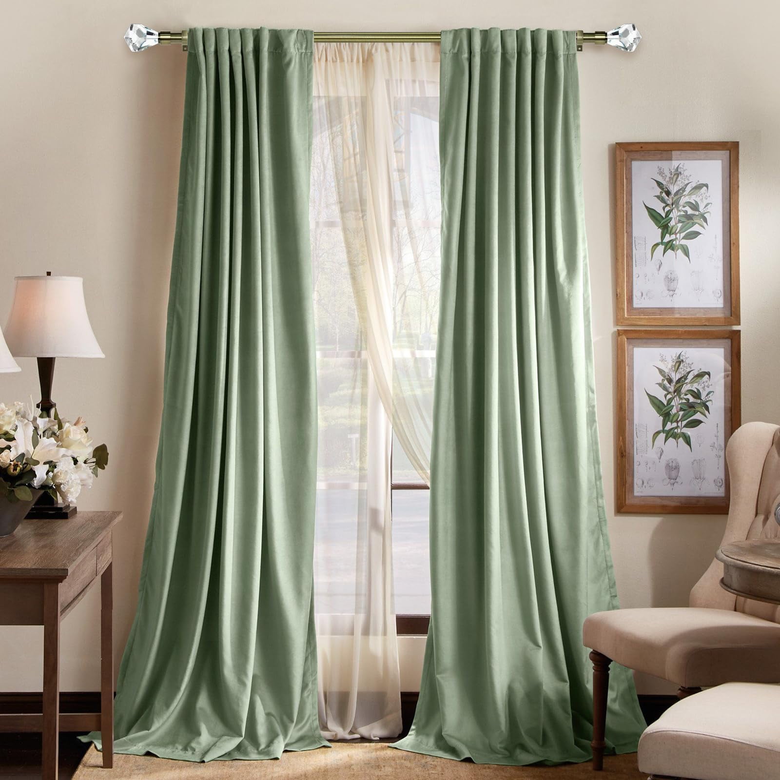 Urbanest Real Crystal Diamond-cut Elegant Designer Curtain Rod – Solid Metal Rod with Genuine Crystal Finials – 3/4" Adjustable , Heavy-Duty, Decorative, Sparkling Design, 48" to 84", Antique Brass