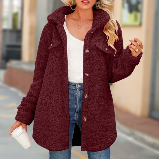 LSLJS Women Solid Color Lapel Long Sleeved Loose Breasted Long Plush Jacket