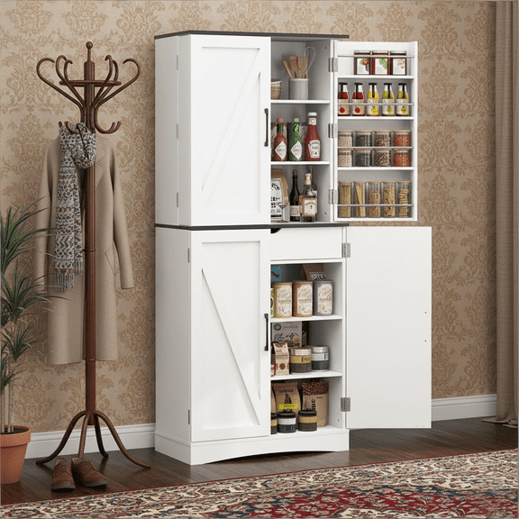 72" Tall White Rustic Kitchen Pantry Cabinet with Adjustable Shelves for Home