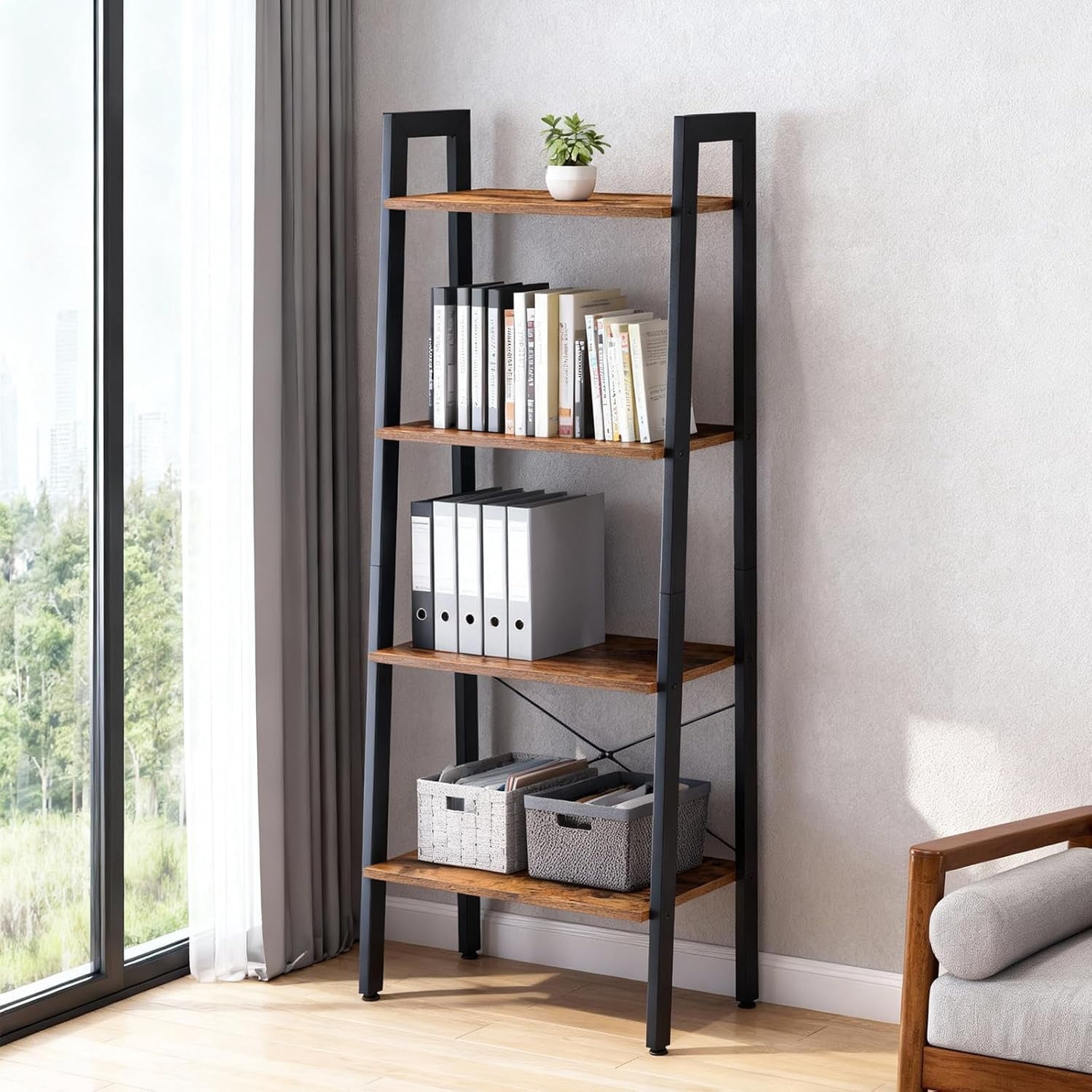 Atilioo 4 Tiers Ladder Bookcase, Wood Bookshelf Tall Standing Display Shelves Storage Organizer for Bedroom, Living Room & Home Office Bathroom, Brown