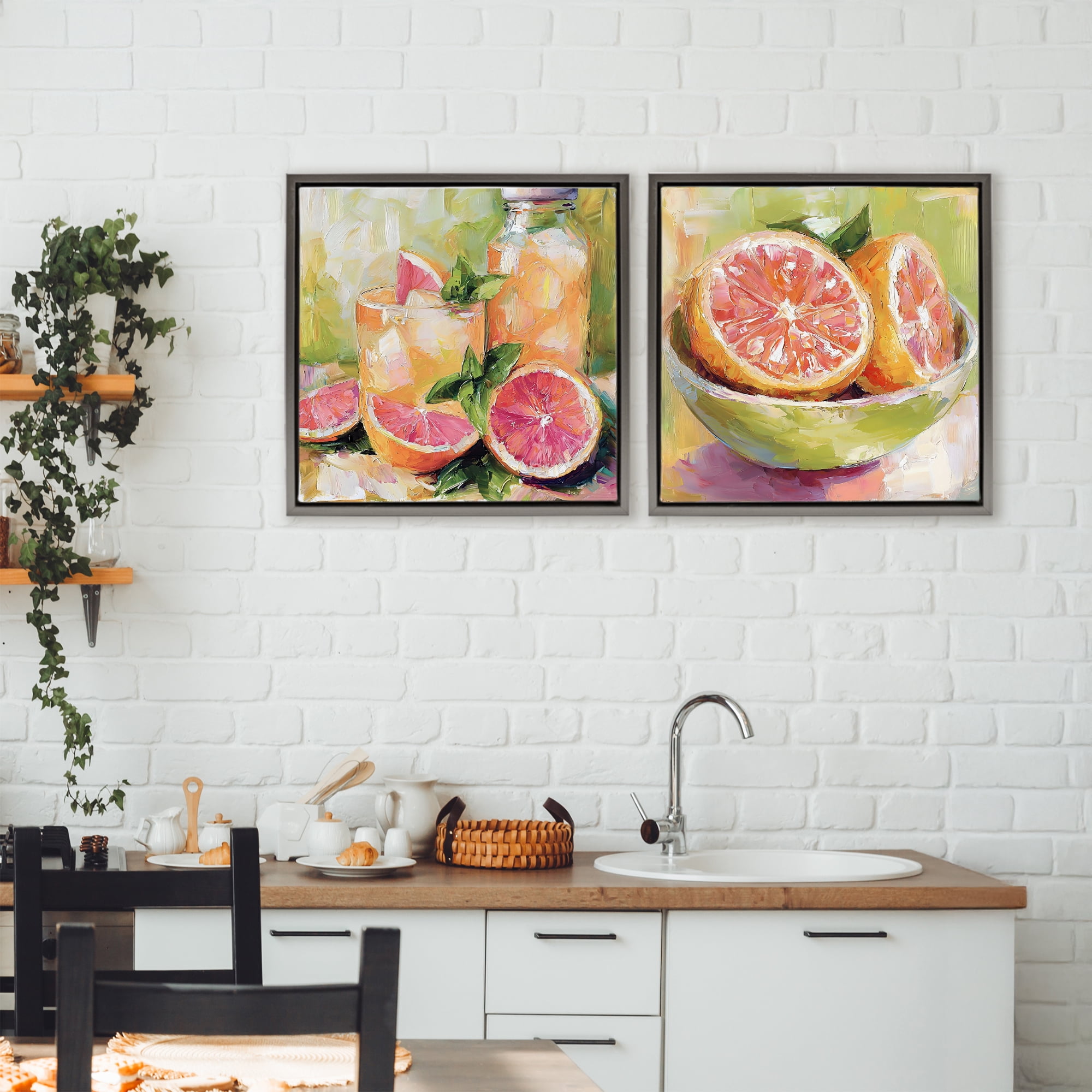 Stupell Industries Grapefruit Drinks & Fruits 2 Piece Gray Framed Floater Canvas Set, design by Riley B