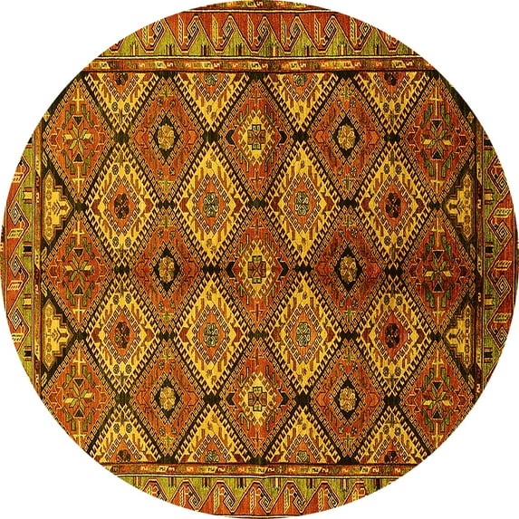 Ahgly Company Machine Washable Indoor Round Oriental Yellow Industrial Area Rugs, 7' Round