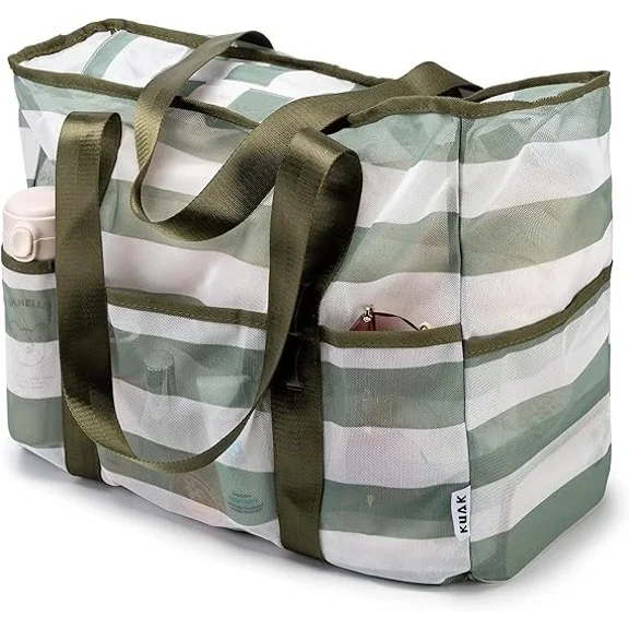 Large Beach Tote with Top Zipper, 9 Pockets, Inner Waterproof Pocket for Family