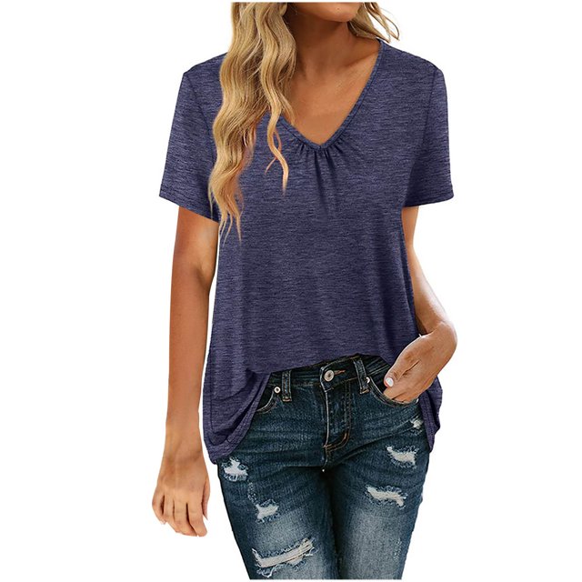 Moda mujer sólido pliegue Slim Fit cuello en V manga corta Casual camiseta Tops OAVQHLG3B Store lin121212