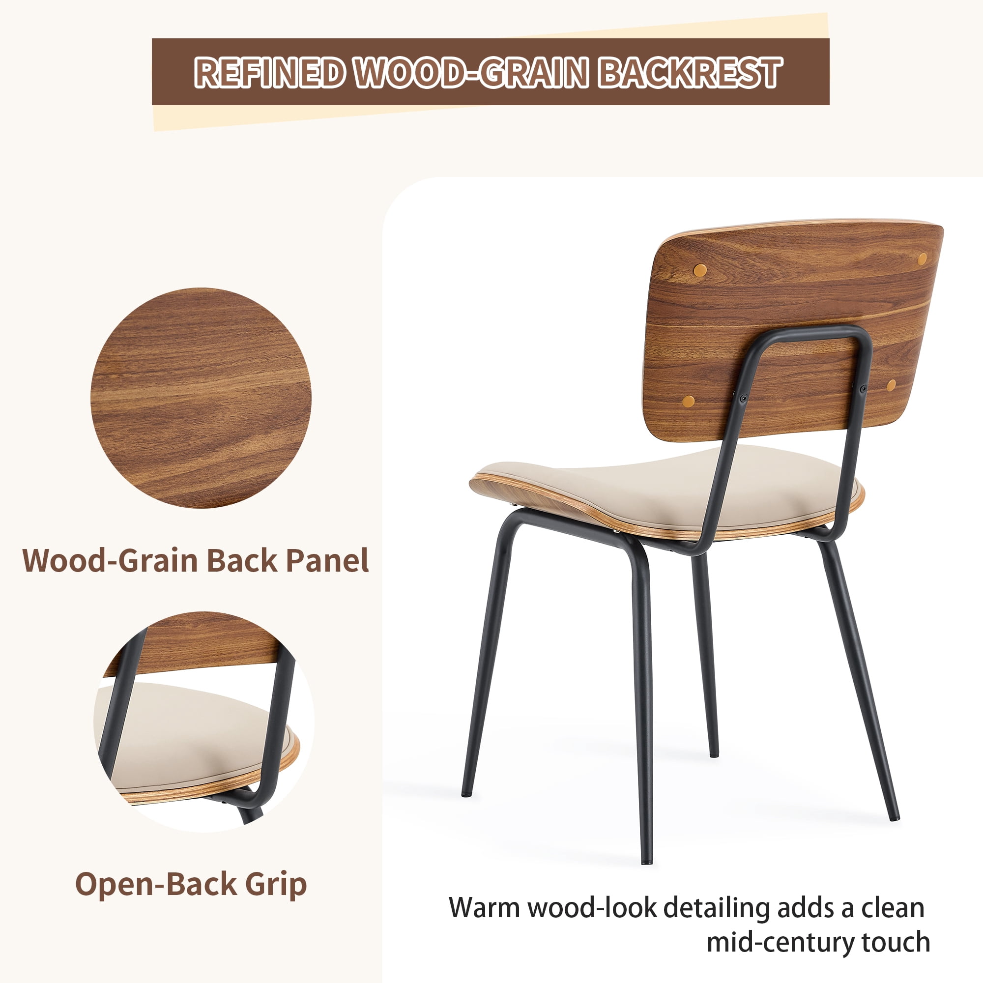 Leumius Dining Chairs Set of 2, Premium Faux Leather Upholstered Dining Room Chairs, High-Resilience Sponge Cushion, Sticker Craft Backrest, Metal Legs with Spray Coating Finish for Dining Room White