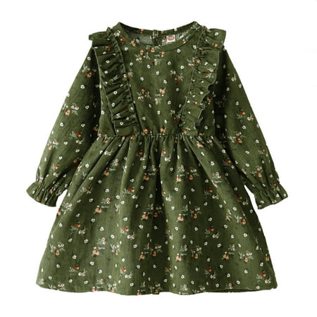 

3T Baby Girls Dress 4T Girls Long Sleeve Dress Flower Print Toddler Girls Floral Dress Green Dress