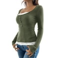 thumbnail image 3 of Lace Henley T-Shirts for Women Button Down Slim Fit Tops Long Sleeve V-Neck Tunic Top Blouse Green L, 3 of 9
