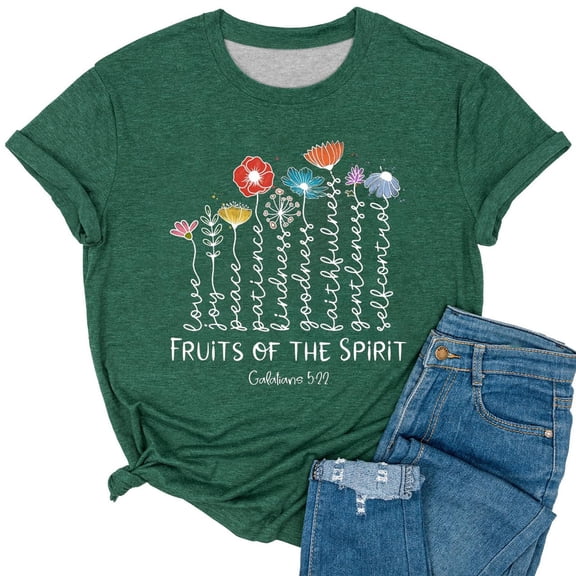 Trendfront Womens Fruits Of The Spirit Graphic T Shirt Crewneck Short Sleeve Christian Faith Floral Letter Print Casual Tee Tops