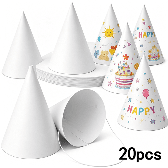 CYFW 20Pcs White Party Hats for Birthday Paper Cone Hatcustom Party Hats with Elastic String for Adults Kids Diy,Baby Shower,Bridal,Wedding,Celebration Events