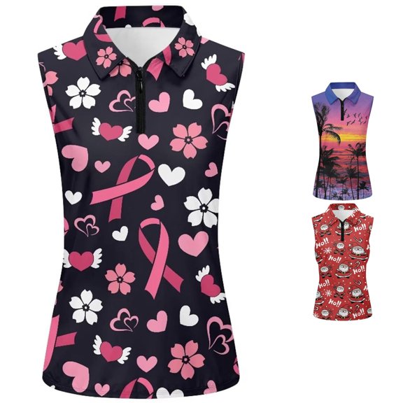 xfsWaSs Tennis Tank Tops for Women Casual Floral Print Sleeveless Golf Polo Shirt 1/4 Zip Collared Tops Lightweight Summer Blouse
