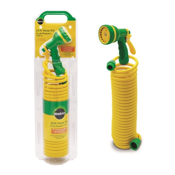Miracle-Gro 25ft Coil Hose Kit with 7-Pattern Spray Nozzle | Kink-Resistant Garden Hose for Patios, Boats & Greenhouses