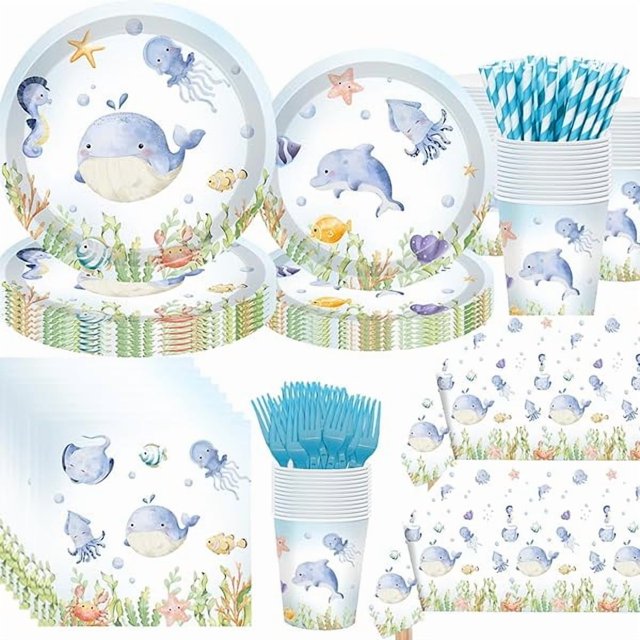 wonima02 146PCS Under the Sea Paper Plates Party Supplies, Plates Cups Napkins Tablecloth Forks Straws for Ocean Creature Theme Baby Shower Birthday Party (Serves 24)