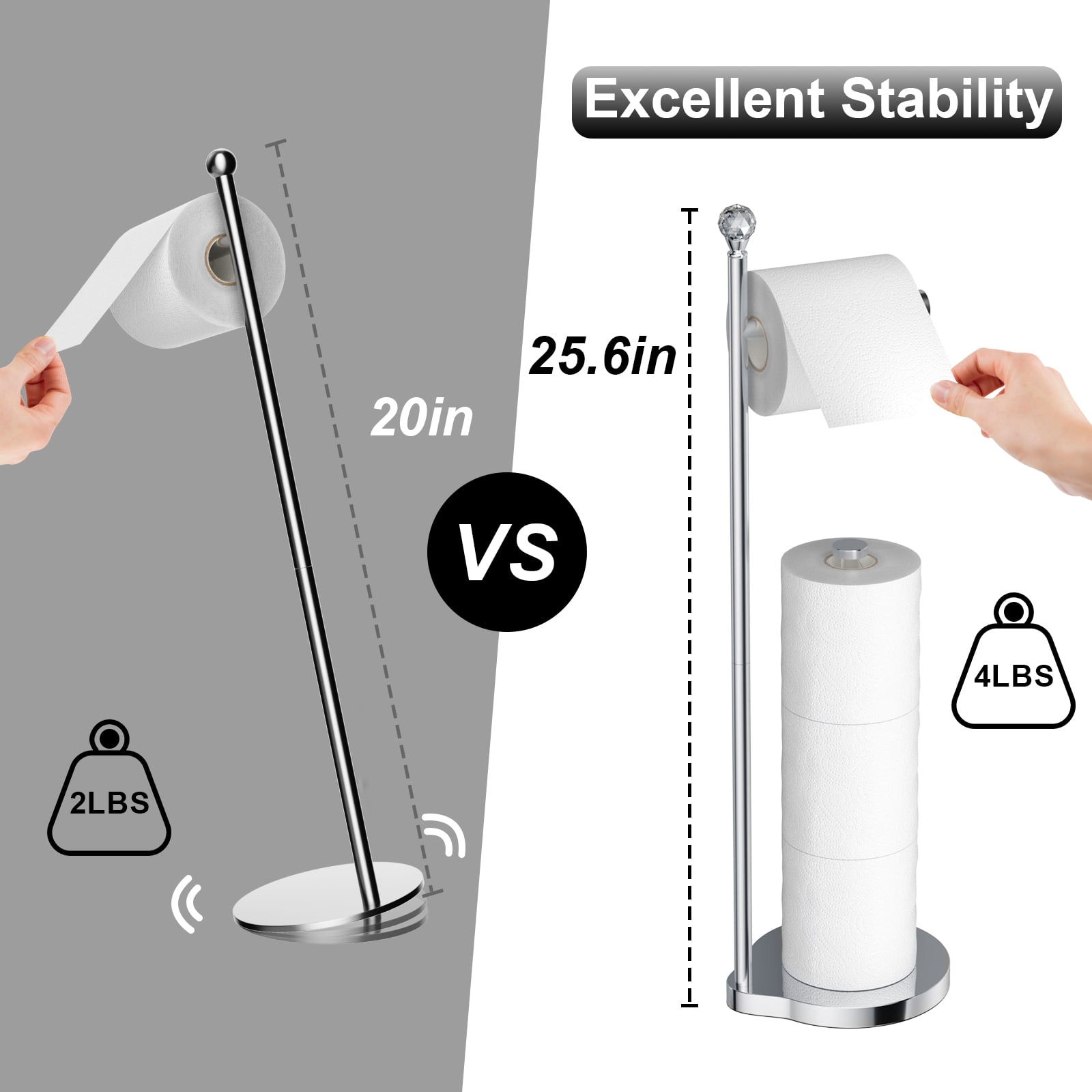 KASUNTO Toilet Paper Holder for Bathroom, Heavy Weighted Metal Free Standing Toilet Paper Storage with Crystal Ball, Toilet Paper Stand for Bathroom Accessories, Polished Chrome [Holds MEGA Rolls]