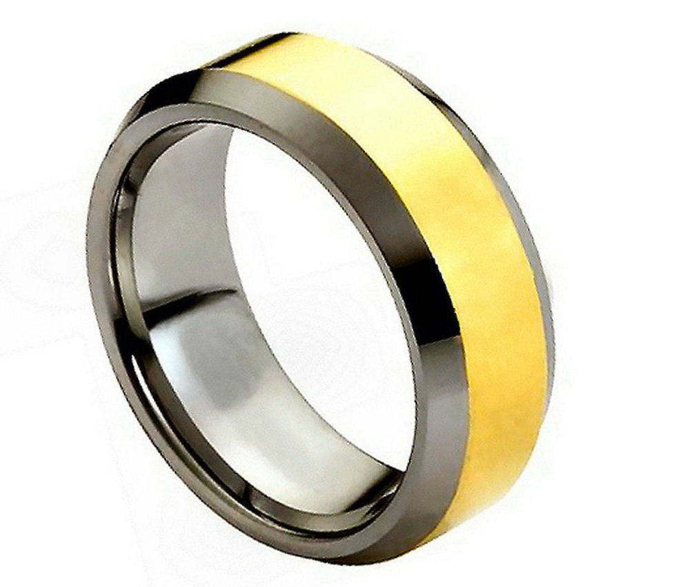 8mm Tungsten Carbide High Polish Gold Plated Center & Beveled Edge Wedding Band Ring for Him Or Her