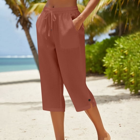 Capris for Women , Linen Loose Elastic Waist Straight Pants, Casual Summer Wear,Brown,XL