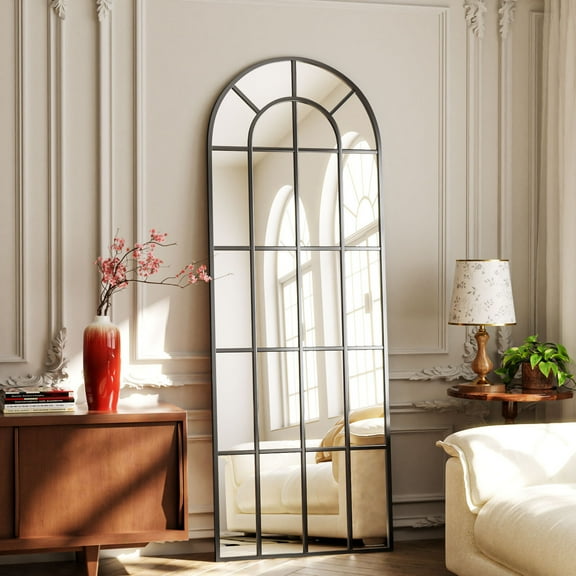 Easy4Home 24"x65" Arched Full Length Windowpane Mirror Decorative Floor Mirror Wall-Mounted, Black
