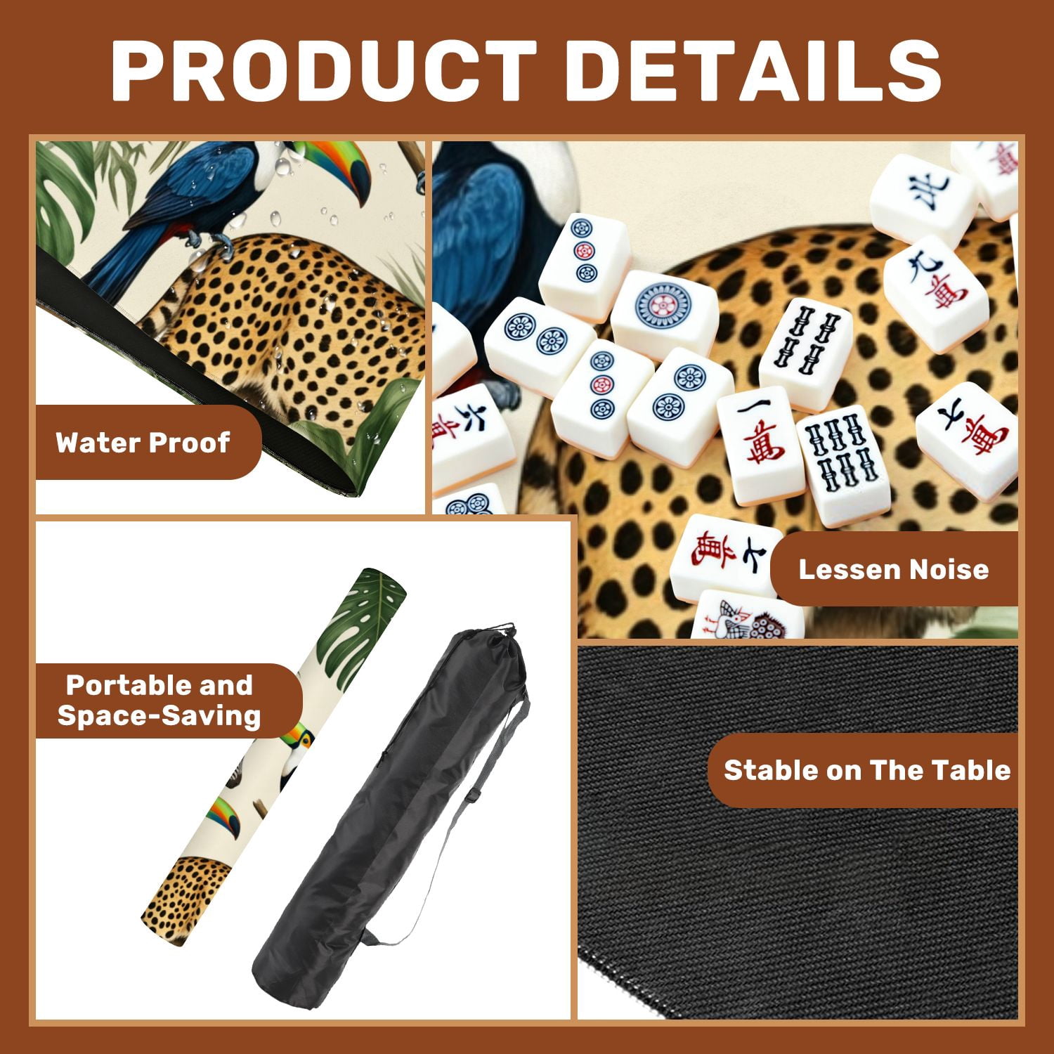 Mahjong Mat 31.5" x 31.5" Seamless exotic trees animals Non-Slip Noise Reduction American Mahjong Tiles Table Cover for Dominoes Poker Card Board Games Gift