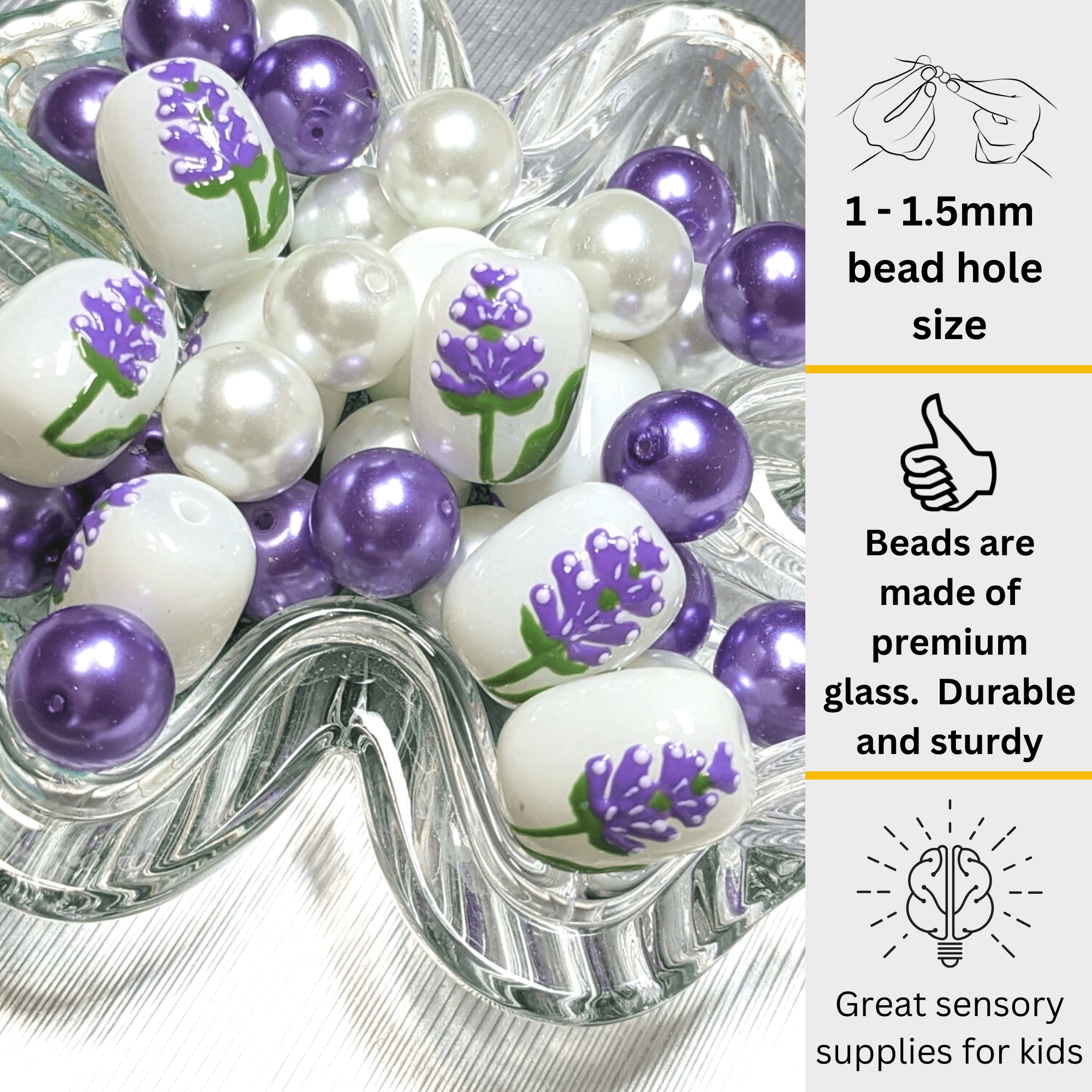 Flower Glass Beads For Bracelets Making, DIY Jewelry Supplies, Gift For Beader, 40 pcs, Lavender