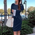 thumbnail image 4 of VSSSJ Women's Long Sleeve Casual Dresses Crew Neck Tie Waist Knee Length Daily Solid Color Comfy Loose T-Shirt Dress with Pockets Navy M, 4 of 7